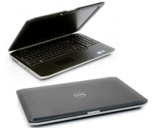 Two views of laptop. One with screen open, black interior and full keyboard with number pad. Other with laptop closed, black top, Dell logo, silver edges.