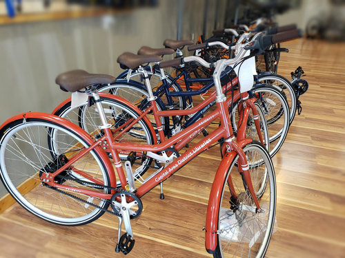 Image shows a line of bikes in a bike shop with the front one having Capital Area District Libraries on it.