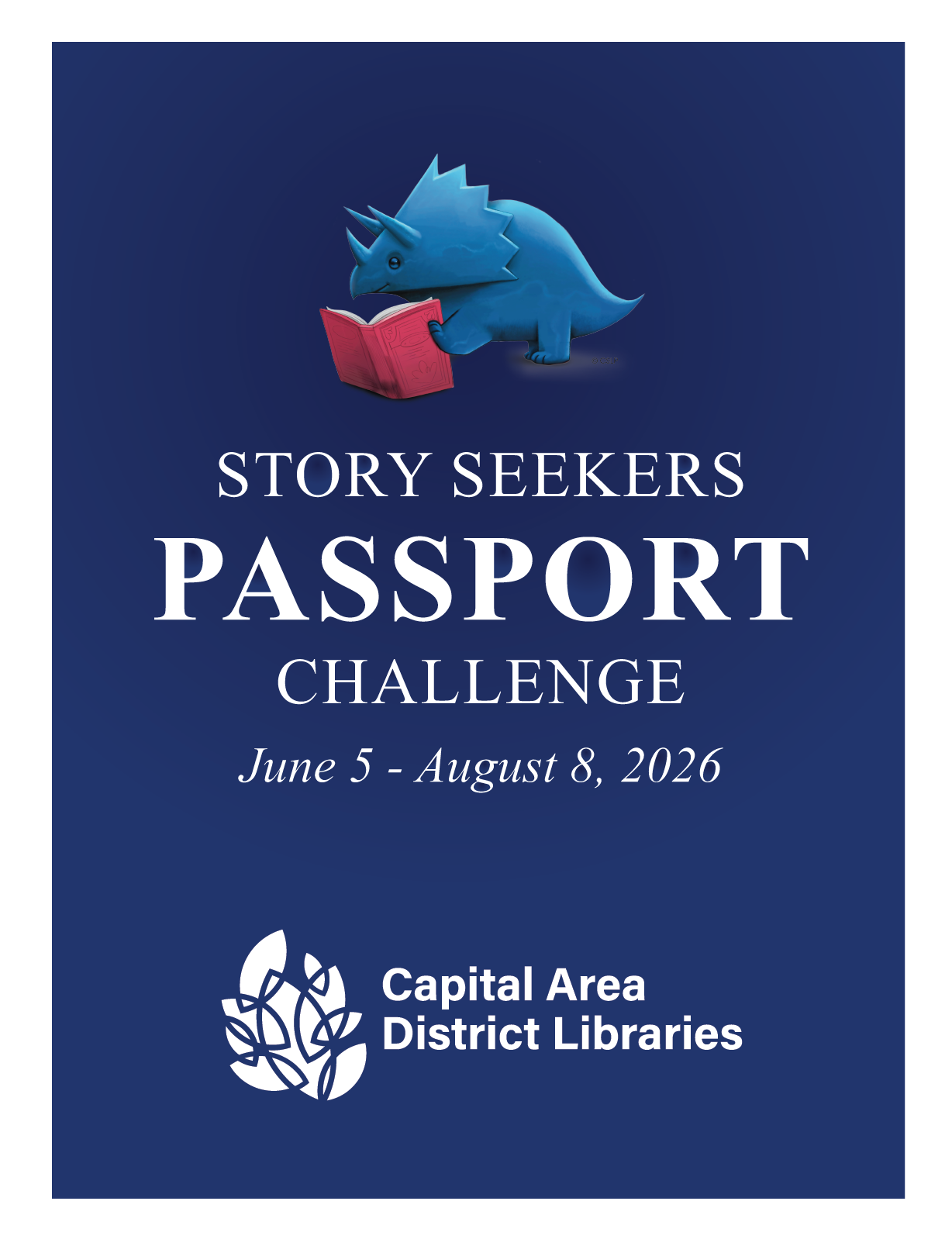 Picture of the Story Seekers Passport booklet with a dark blue background and blue illustrated stegosaurus reading a bright pink book.