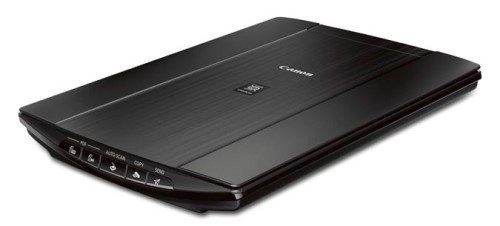 Flatbed scanner with closed lid and 5 buttons across the front bezel.