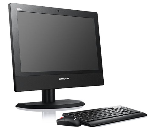 Front view of all-in-one computer, on a stand with semi-circular base. Keyboard and mouse.