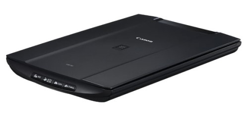 Flatbed scanner with closed lid and 4 buttons across the front bezel.