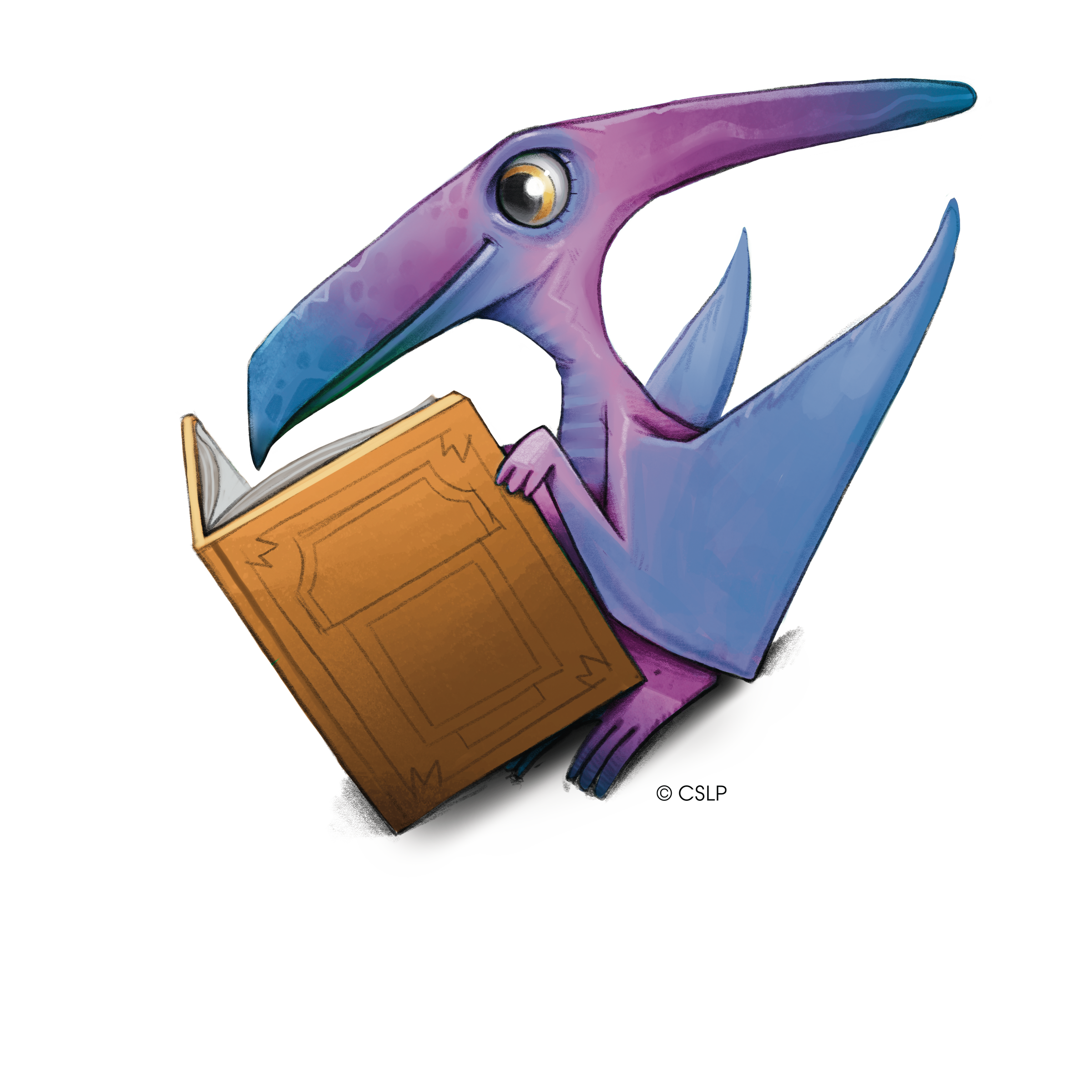 A picture of pink and blue tetradactyl reading an orange book to provide visual interest.