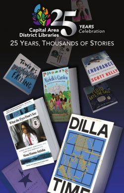 Cover art for 25 years, thousands of stories readers recommendations booklet. Many books floating on top of a black and purple gradient background with the CADL 25 year logo at the top center margin.