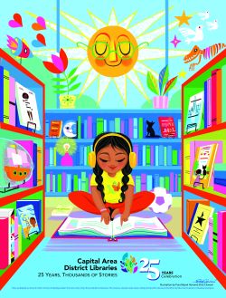 A girl wearing a yellow shirt, orange pants and headphones sits on the floor smiling and reading with bookshelves to each side and behind her. A large happy sun wearing green glasses smiles in approval and satisfaction above and behind her head.
