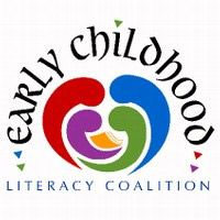 Early Childhood Literacy Coalition Logo - a colorful, abstract logo. Blobs shaped like colons (the punctuation mark, not the body part) are nested within eachother, forming an almost-heart shape. On the inside of this heart shape rests an open book.